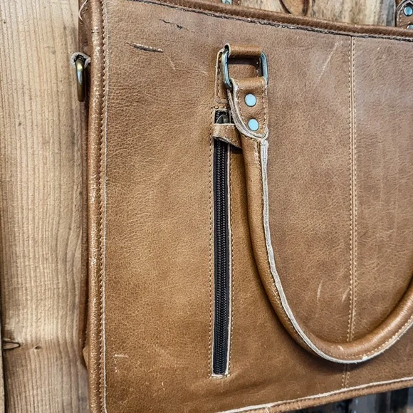 Hand-Tooled Sunflower Leather Tote with Cowhide Panel - Brown - Picture 6 of 8